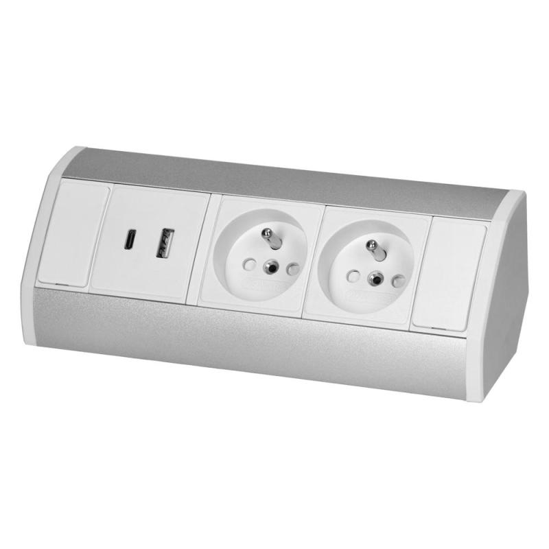Gniazdo meblowe 2x2P+Z, 2xUSB (typ A+C, 2,4A), biało-srebrne Gniazdo meblowe 2x2P+Z, 2xUSB (typ A+C, 2,4A), biało-srebrne