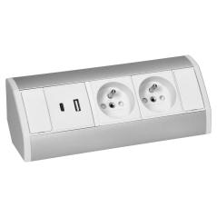 Gniazdo meblowe 2x2P+Z, 2xUSB (typ A+C, 2,4A), biało-srebrne