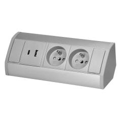 Gniazdo meblowe 2x2P+Z, 2xUSB (typ A+C, 2,4A), szaro-srebrne