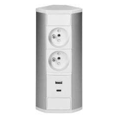 Gniazdo meblowe 2x2P+Z, 2xUSB (typ A+C, 2,4A), biało-srebrne