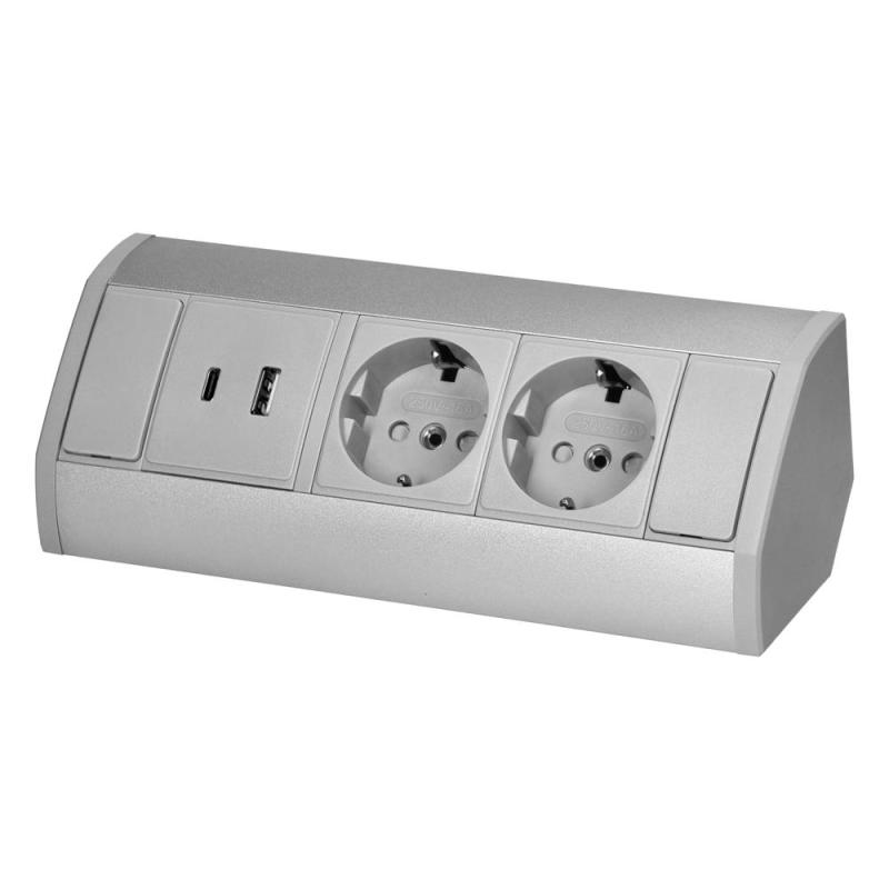 Gniazdo meblowe 2x2P+Z (Schuko), 2xUSB (typ A+C, 2,4A), szaro-srebrne Gniazdo meblowe 2x2P+Z (Schuko), 2xUSB (typ A+C, 2,4A), szaro-srebrne