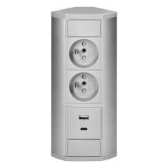 Gniazdo meblowe 2x2P+Z, 2xUSB (typ A+C, 2,4A), szaro-srebrne