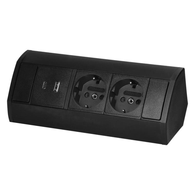 Gniazdo meblowe 2x2P+Z (Schuko), 2xUSB (typ A+C, 2,4A), czarne