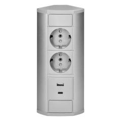 Gniazdo meblowe 2x2P+Z (Schuko), 2xUSB (typ A+C, 2,4A), szaro-srebrne