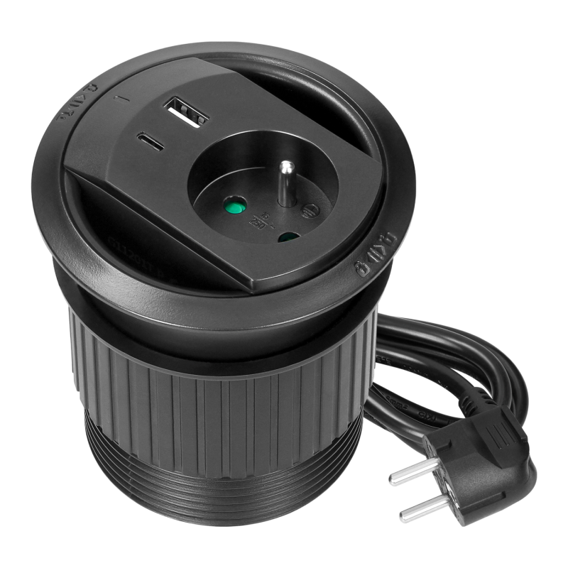 Gniazdo wpuszczane w blat z ładowarką USB, przewód 1,4 m, 1x2P+Z (French), 2xUSB (typ A+C, PD20W), czarne Gniazdo wpuszczane w blat z ładowarką USB, przewód 1,4 m, 1x2P+Z (French), 2xUSB (typ A+C, PD20W), czarne