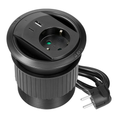 Gniazdo wpuszczane w blat z ładowarką USB, przewód 1,4 m, 1x2P+Z (Schuko), 2xUSB (typ A+C, PD20W), czarne
