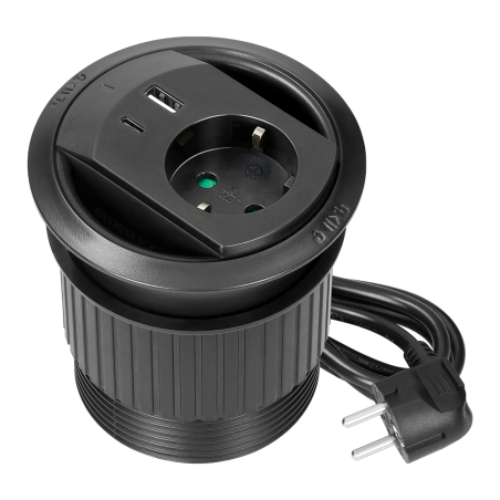 Gniazdo wpuszczane w blat z ładowarką USB, przewód 1,4 m, 1x2P+Z (Schuko), 2xUSB (typ A+C, PD20W), czarne