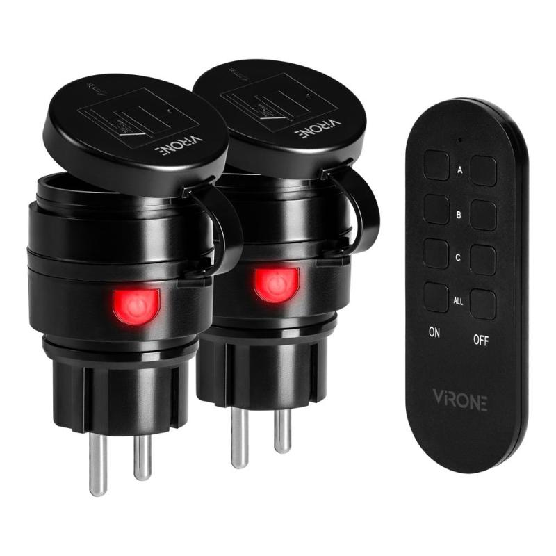 Zestaw bezprzewodowych gniazd MINI Schuko, sterowanych pilotem 2+1, 2300W, IP44