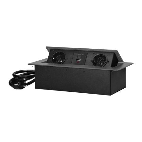 Gniazdo meblowe wpuszczane w blat , ładowarką USB , przewodem 1,5m, 2x2P+Z (Schuko), 2xUSB (typ A+C, 3,6A), grafitowe